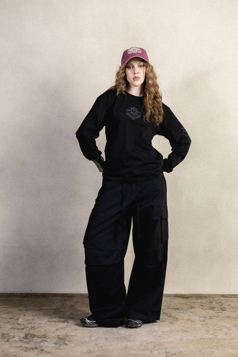 BLACK GABARDINE CARGO PANTS - CODDIWOMPLE
