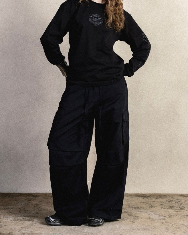 BLACK GABARDINE CARGO PANTS - CODDIWOMPLE