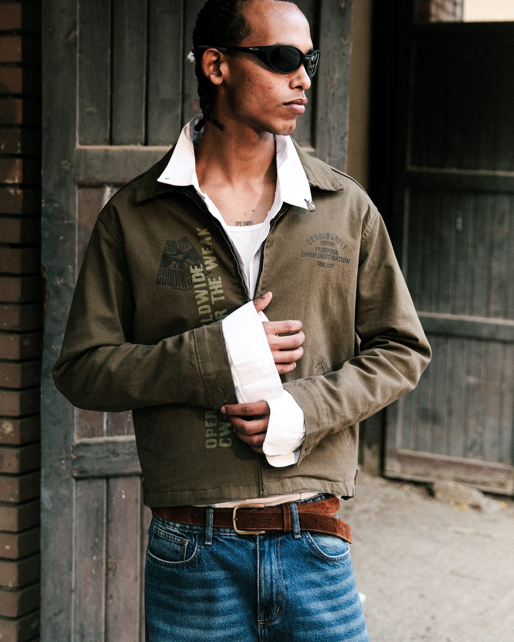 Coddiwomple Olive Work Jacket, 3/4 view on model
