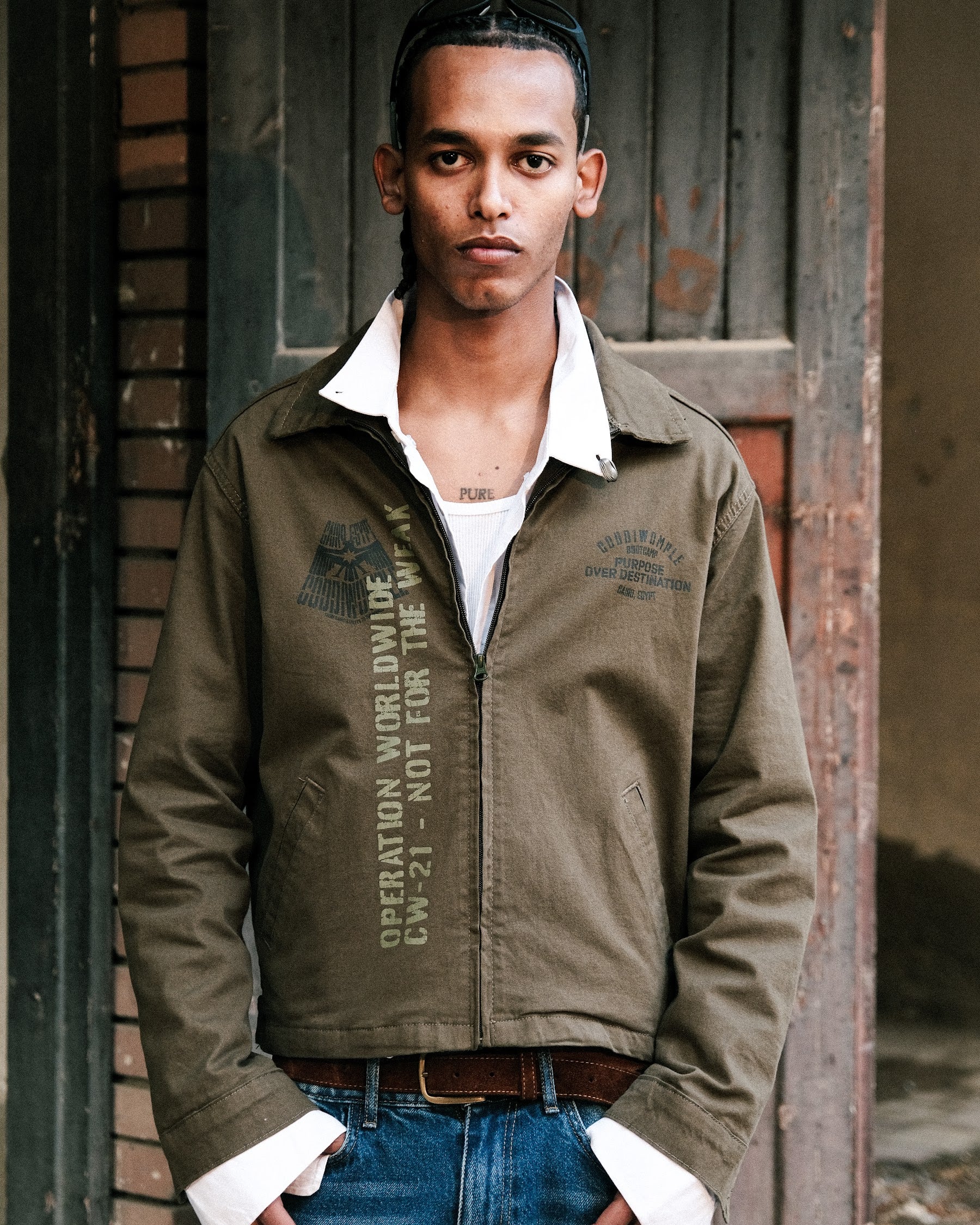 Coddiwomple Olive Work Jacket, front on model