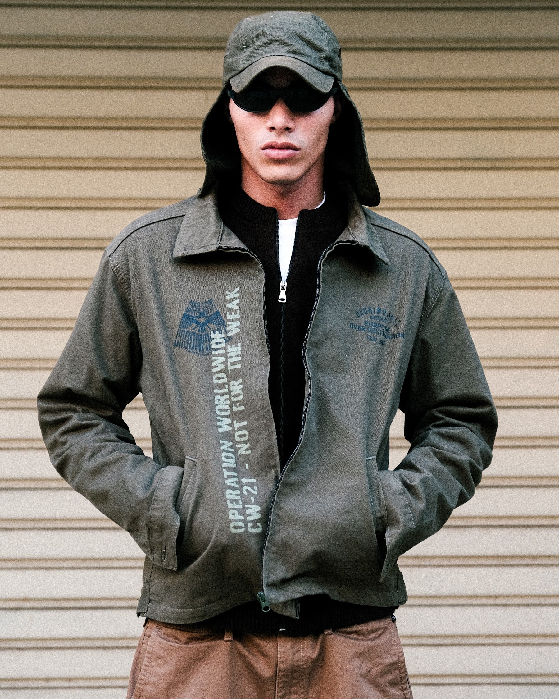 Coddiwomple Olive Work Jacket, front on second model